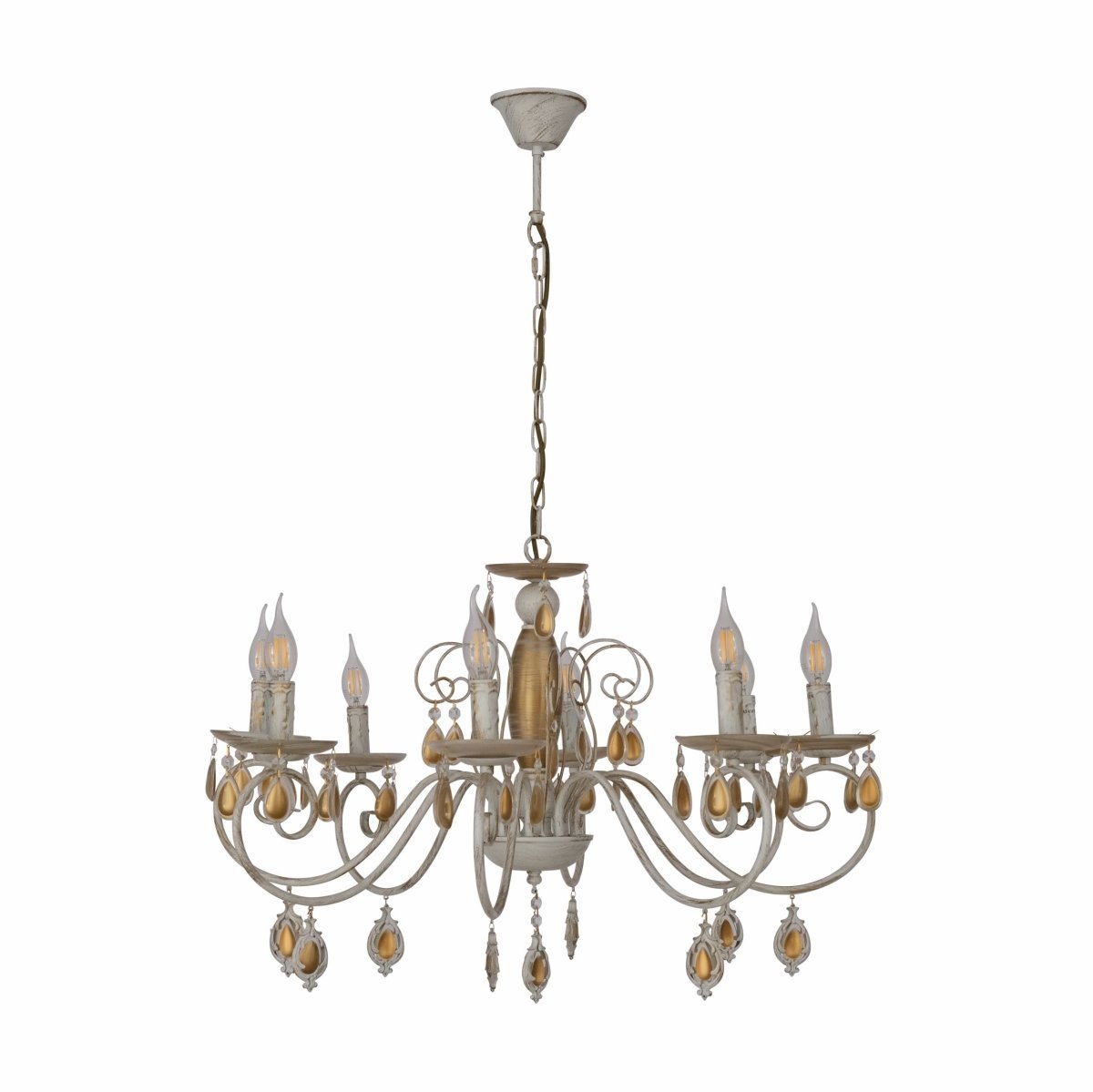 Amber Crystal Gold and White Metal Arm Ceiling Chandelier Light E14 - 6 Candle.