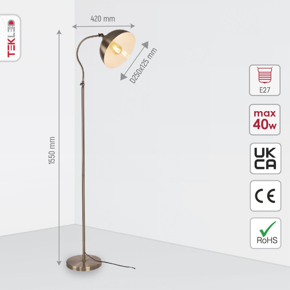 Antique Brass Metal Dome Shade Floor Lamp E27 Fitting