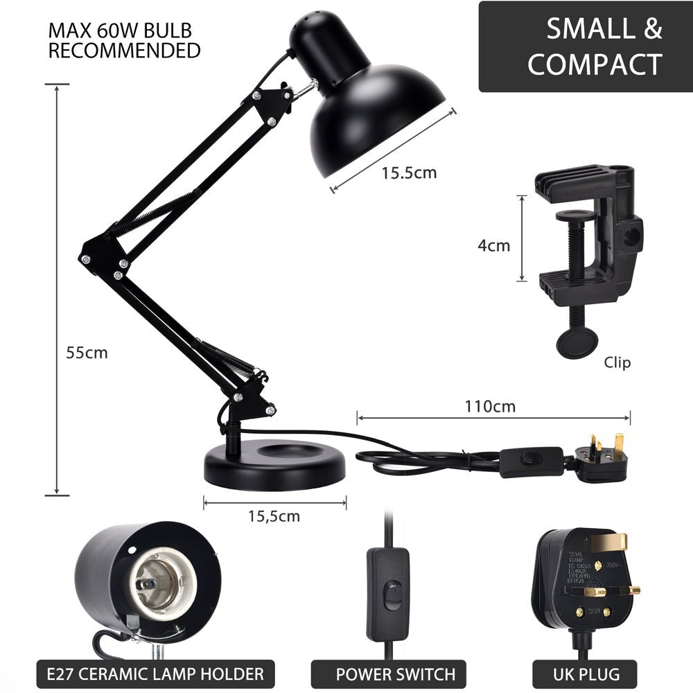 Atlas Architect Swing Arm Desk Lamp with C-Clamp E27 - Black.